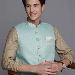 Manyavar Men Blue Woven Design Nehru Jacket-image-72
