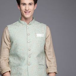 Manyavar Men Green & Cream-Coloured Embroidered Nehru Jacket-16