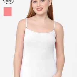 Soie Women Pack of 2 White & Coral Solid Non-Padded Camisoles-image-42
