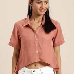 Qurvii Women Dusty Pink Boxy Solid High-Low Crop Casual Shirt-24
