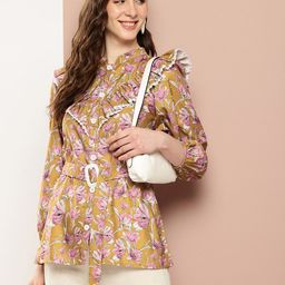 Ironic Creation Floral Print Mandarin Collar Bishop Sleeves Ruffles Shirt Style Longline Top-image-2