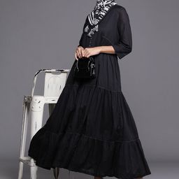 Biba Black Pure Cotton Solid Maxi Dress Comes With A Scarf-image-81