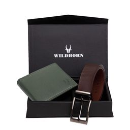 WildHorn Men Green RFID Protected Genuine Leather Wallet & Belt Accessory Gift Set-image-57