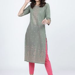 Vishudh Women Olive Ethnic Motifs Printed Cotton Kurta-52
