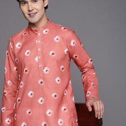 Manyavar Men Coral Red & Off White Bandhani Printed Kurta-24