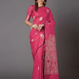 Mitera Pink & Silver-Toned Silk Blend Woven Design Kanjeevaram Saree-picture-35