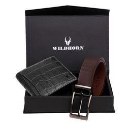 WildHorn Men Black & BBrown RFID Protected Genuine Leather Accessory Gift Set-image-0