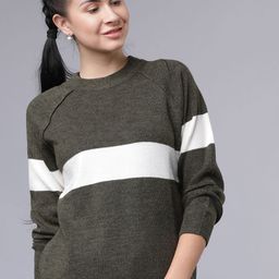 Tokyo Talkies Women Olive Green & White Colourblocked Pullover Sweater-image-100