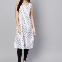 anayna Women White & Blue Printed A-Line Kurta-10