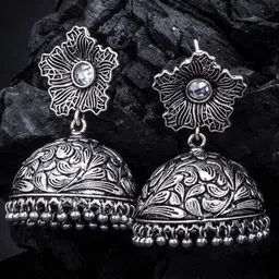 Sukkhi Oxidized Rhodium-Plated Floral Dome Shaped Jhumkas-35