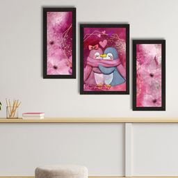 eCraftIndia Set of 3 Pink & Grey Romantic Penguin Couple Satin Matt Texture UV Art Painting-11