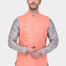 SG LEMAN Men Peach-Coloured Solid Satin Nehru Jacket-2