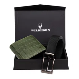 WildHorn Men Green & Black RFID Protected Genuine Leather Accessory Gift Set-image-60