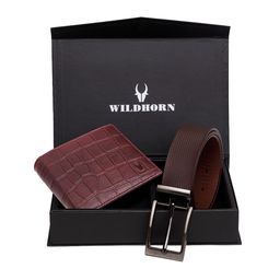 WildHorn Men Maroon & Brown RFID Protected Genuine Leather Accessory Gift Set-image-84