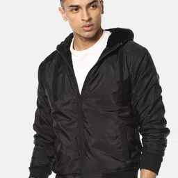 Campus Sutra Men Black Solid Windcheater Hooded Bomber-image-31
