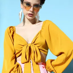 Berrylush Women Stylish Mustard Solid Wrap It Up Top-image-69