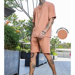 House of Koala Unisex Textured Oversized V-Neck Tee & Shorts Co-ord Set-image-47