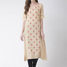 Span Women Beige & Pink Embroidered Straight Kurta-image-24