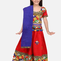 BownBee Girls Red & Blue Embroidered Ready to Wear Lehenga & Blouse with Dupatta-picture-30