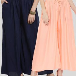Clora Creation Women Pack of 2 Navy Blue & Peach-Coloured Knitted Palazzos-image-51