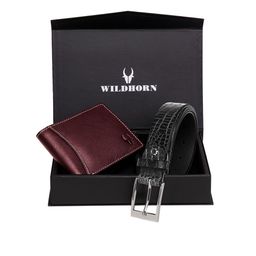 WildHorn Men Maroon & Black RFID Protected Genuine Leather Accessory Gift Set-image-70