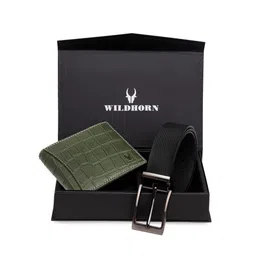 WildHorn Men Green & Black RFID Protected Genuine Leather Accessory Gift Set-image-71