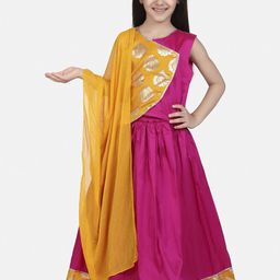 BownBee Girls Pink & Orange Embroidered Ready to Wear Pattu Pavadai with Dupatta-picture-21