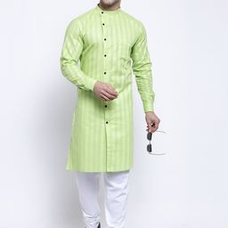 KLOTTHE Men Green & White Striped Kurta with Churidar Pyjamas-image-22