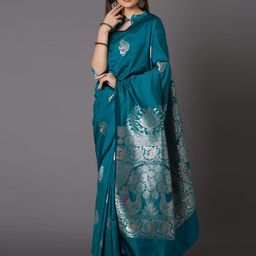 Mitera Turquoise Blue & Silver-Toned Silk Blend Woven Design Kanjeevaram Saree-image-28