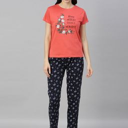 Kryptic Women Coral & Navy Blue Printed Cotton Night Suit-image-3