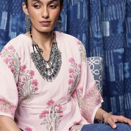 Taavi Floral Printed V-Neck Extended Sleeves Sanganeri Folk Kaftan Kurti-image-36