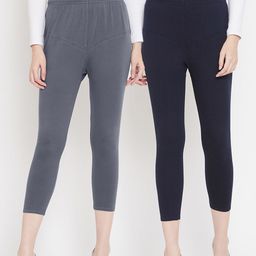 Tulsattva Women Pack Of 2 Grey & Navy Blue Solid Three-Fourth Length Leggings-image-89