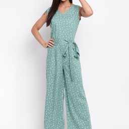Mayra Women Green & Off-White Printed Basic Jumpsuit-0