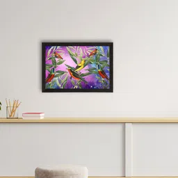 eCraftIndia Purple & Green Colorful Birds Sitting On Tree Branch Satin Matte Wall Art-53