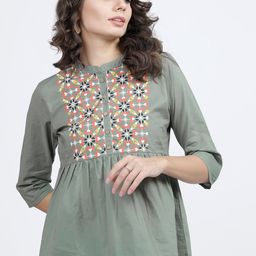 Vishudh Olive & Orange Mandarin Collar A-Line Top-image-70