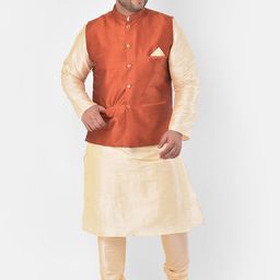 DEYANN PLUS Men Orange & Gold-Toned Solid Kurta with Pyjamas & Nehru Jacket-13