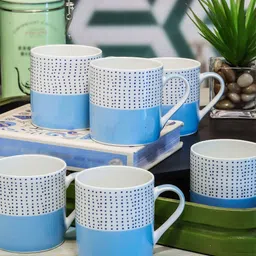 GOODHOMES Set Of 6 White & Blue Printed Bone China Mugs-19
