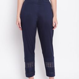 RIVI Women Navy Blue Relaxed Fit Solid Regular Trousers with Lace Inserts-image-19
