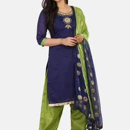 Shaily Navy Blue & Green Cotton Blend Unstitched Dress Material-image-10