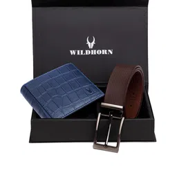 WildHorn Men Blue & Brown Textured RFID Protected Genuine Leather Wallet & Belt Accessory Gift Set-image-62
