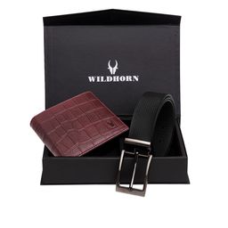 WildHorn Men Maroon & Black RFID Protected Genuine Leather Accessory Gift Set-image-68