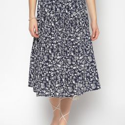 Sera Women Navy Blue & White Floral Printed A-Line Tiered Midi Skirt-picture-9