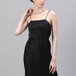 STREET 9 Women Black Solid Satin Pleated A-Line Dress-image-70