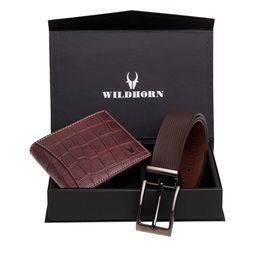WildHorn Men Maroon RFID Protected Genuine Leather Accessory Gift Set-image-73