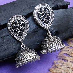Crunchy Fashion Oxidized Silver-Plated Black Studded Dome Shaped Jhumkas-56