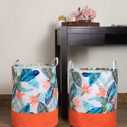 My Gift Booth Set Of 2 White & Blue Leaf Printed Laundry Bag With Handles-picture-24