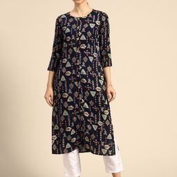 Anouk Women Navy Blue & Green Ethnic Motifs Printed Kurta-picture-5