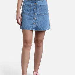 Kotty Women Blue Solid Denim Mini A-Line Skirt-image-35