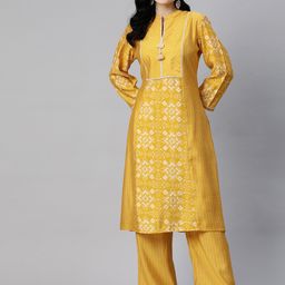 Nayam By Lakshita Women Yellow Striped Regular Chanderi Cotton Kurta with Palazzos-45