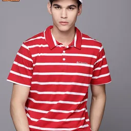 Columbia Men Red & Off White Striped Polo Collar Dry Tech Slim Fit Hiking T-shirt-picture-11